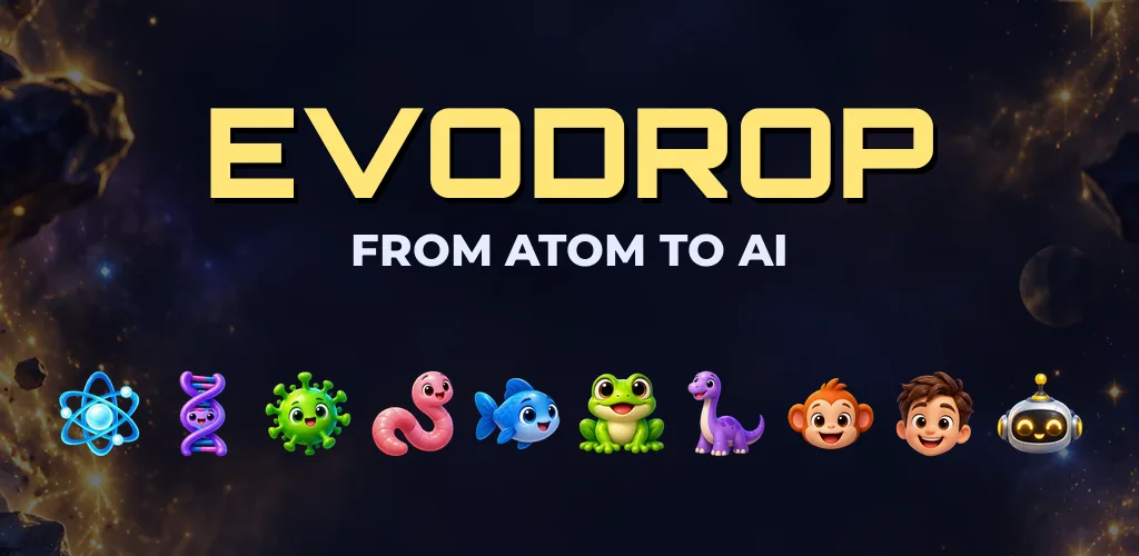 EvoDrop merge puzzle: creatures evolving from atom to AI